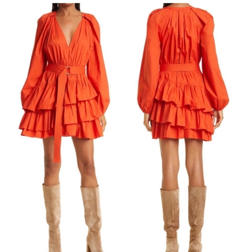 Ulla Johnson Miranda Tiered Ruffle Cotton Mini Dress Orange 6